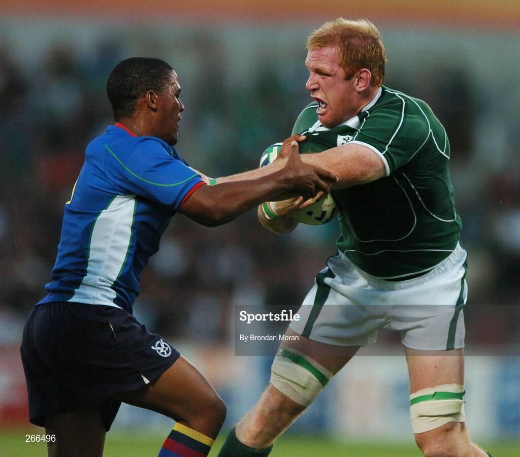 9 September 2007; Paul O'Connell, Ireland, is tackled by Eugene Jantjies, Namibia. 2007 Rugby World Cup, Pool D, Ireland v Namibia, Stade Chaban Delmas, Bordeaux, France. Picture credit; Brendan Moran / SPORTSFILE