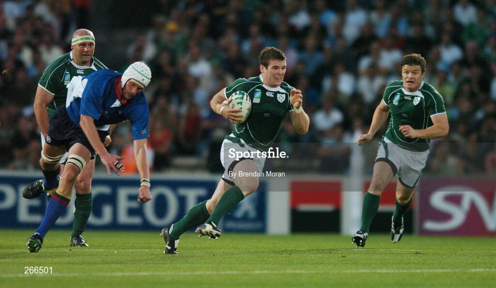 9 September 2007; Gordon D'Arcy, Ireland, breaks through the tackle of Nico Esterhuize, Namibia. 2007 Rugby World Cup, Pool D, Ireland v Namibia, Stade Chaban Delmas, Bordeaux, France. Picture credit; Brendan Moran / SPORTSFILE