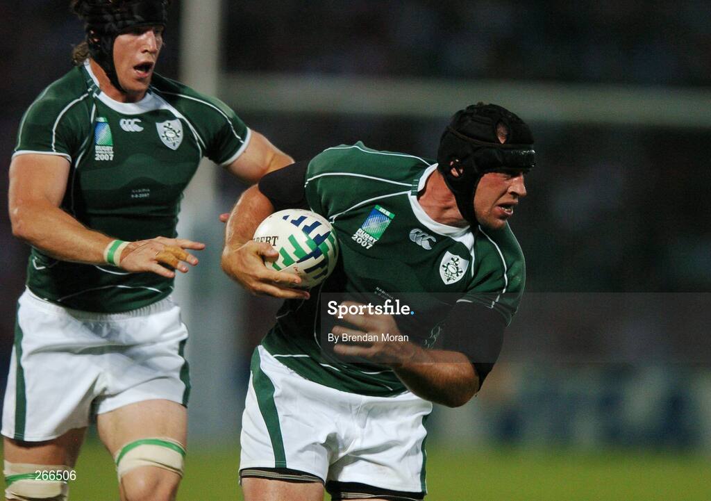 9 September 2007; Denis Leamy, Ireland, supported by team-mate Simon Easterby. 2007 Rugby World Cup, Pool D, Ireland v Namibia, Stade Chaban Delmas, Bordeaux, France. Picture credit; Brendan Moran / SPORTSFILE