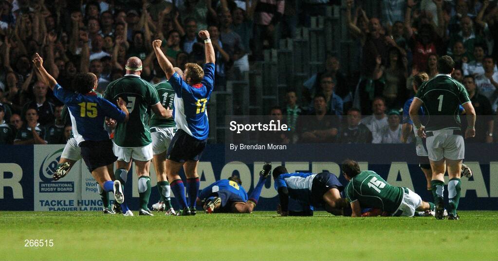 9 September 2007; The Namibian players celebrate after Jacques Nieuwenhuis, 6, scores their side's first try. 2007 Rugby World Cup, Pool D, Ireland v Namibia, Stade Chaban Delmas, Bordeaux, France. Picture credit; Brendan Moran / SPORTSFILE