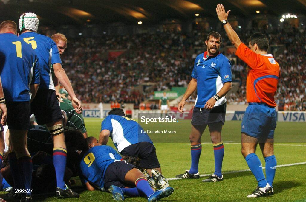 9 September 2007; Referee Joel Jutge awards a try for Ireland. 2007 Rugby World Cup, Pool D, Ireland v Namibia, Stade Chaban Delmas, Bordeaux, France. Picture credit; Brendan Moran / SPORTSFILE