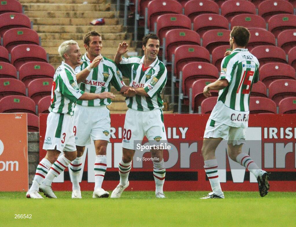 10 September 2007; Cork City's John O'Flynn, 2nd from left, celebrates after he scored his side's opening goal with team-mates, from left, Liam Kearney, Leon McSweeney and Colin Healy. eircom League of Ireland Premier Division, Cork City v  UCD, Turners Cross, Cork. Photo by Sportsfile
