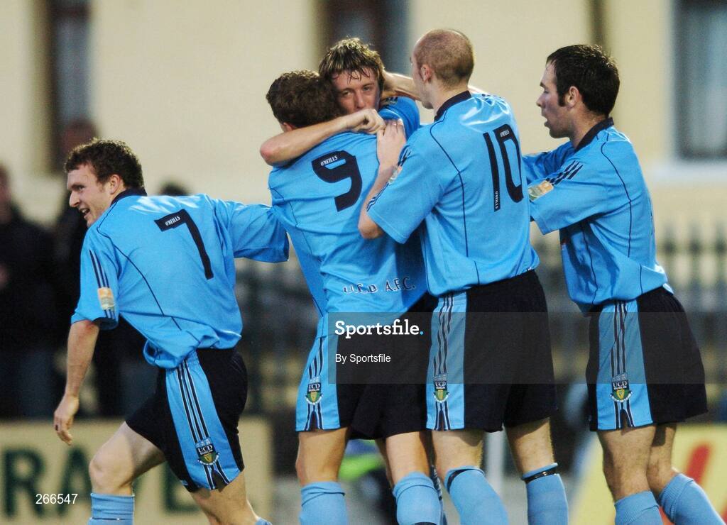 10 September 2007; UCD goal scorer Shane McFaul, centre, is congratulated by team-mates, from left, Conan Byrne, Timmy Purcell, Conor Sammon and Patrick McWalter . eircom League of Ireland Premier Division, Cork City v  UCD, Turners Cross, Cork. Photo by Sportsfile