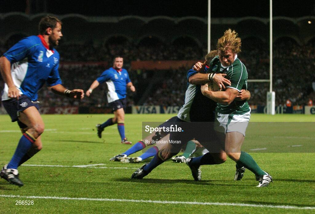 9 September 2007; Jerry Flannery, Ireland, is tackled before going over the line to score his side's last try. 2007 Rugby World Cup, Pool D, Ireland v Namibia, Stade Chaban Delmas, Bordeaux, France. Picture credit; Brendan Moran / SPORTSFILE