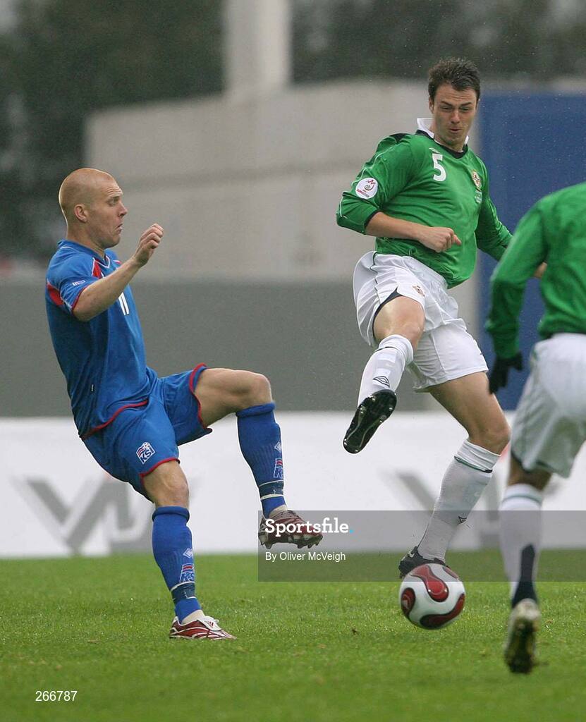12 September 2007; Jonny Evans, Northern Ireland, in action against Armann Bjornsson, Iceland. 2008 European Championship Qualifier, Iceland v Northern Ireland, Laugardalsvollur Stadium, Reykjavik, Iceland. Picture credit; Oliver McVeigh / SPORTSFILE