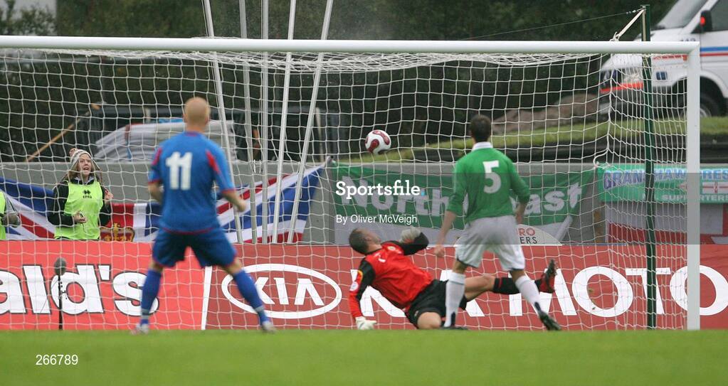 12 September 2007; Armann Bjornsson, Iceland, fires the ball past Maik Taylor, Northern Ireland, for the first goal. 2008 European Championship Qualifier, Iceland v Northern Ireland, Laugardalsvollur Stadium, Reykjavik, Iceland. Picture credit; Oliver McVeigh / SPORTSFILE