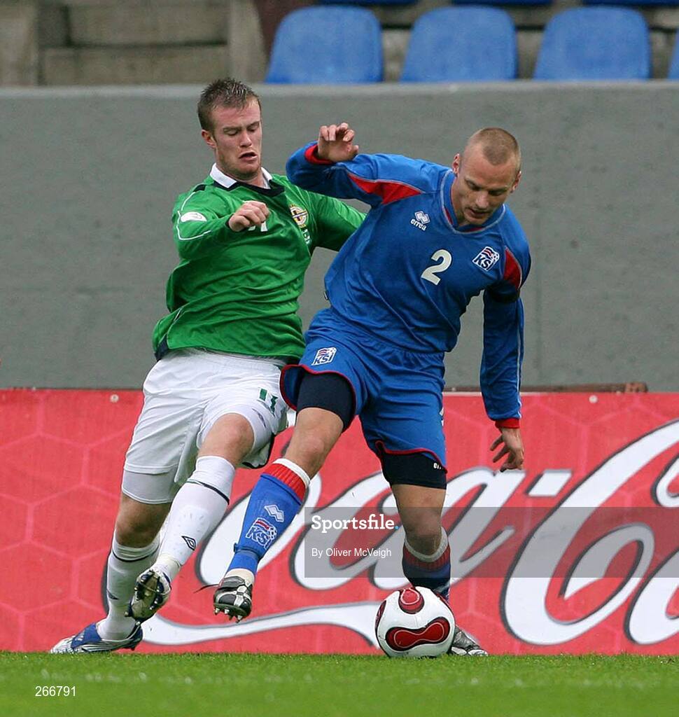 12 September 2007; Chris Brunt, Northern Ireland, in action against Kristjan Sigurdsson, Iceland. 2008 European Championship Qualifier, Iceland v Northern Ireland, Laugardalsvollur Stadium, Reykjavik, Iceland. Picture credit; Oliver McVeigh / SPORTSFILE