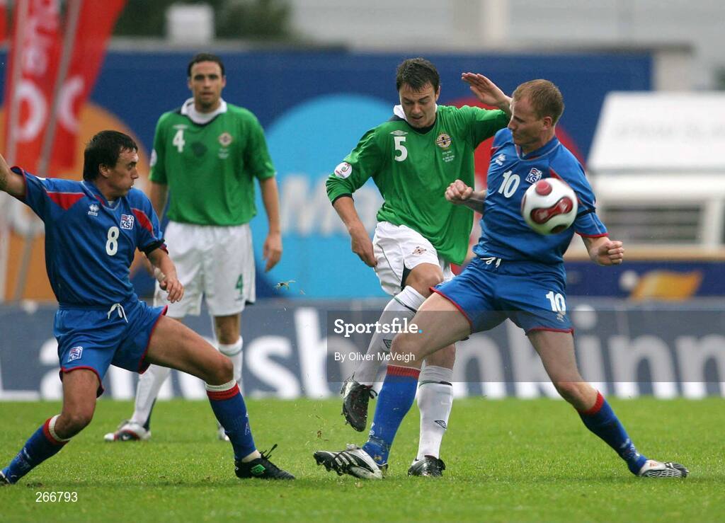 12 September 2007; Jonny Evans, Northern Ireland, in action against Arnar Vidarsson and Armann Bjornsson, Iceland. 2008 European Championship Qualifier, Iceland v Northern Ireland, Laugardalsvollur Stadium, Reykjavik, Iceland. Picture credit; Oliver McVeigh / SPORTSFILE