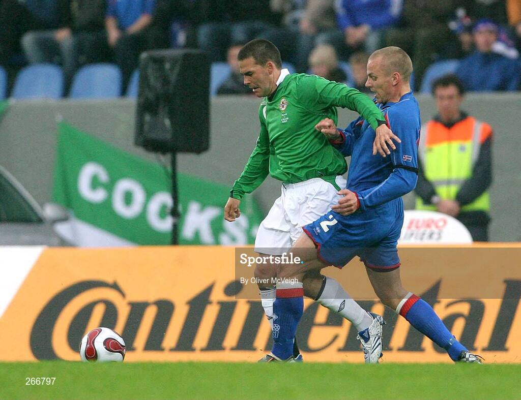 12 September 2007; David Healy, Northern Ireland, in action against Kristjan Sigurdsson, Iceland. 2008 European Championship Qualifier, Iceland v Northern Ireland, Laugardalsvollur Stadium, Reykjavik, Iceland. Picture credit; Oliver McVeigh / SPORTSFILE