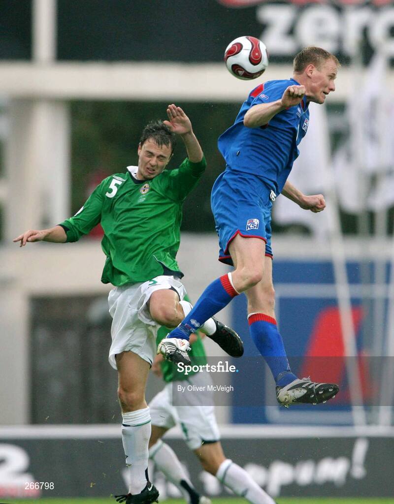 12 September 2007; Jonny Evans, Northern Ireland, in action against Armann Bjornsson, Iceland. 2008 European Championship Qualifier, Iceland v Northern Ireland, Laugardalsvollur Stadium, Reykjavik, Iceland. Picture credit; Oliver McVeigh / SPORTSFILE