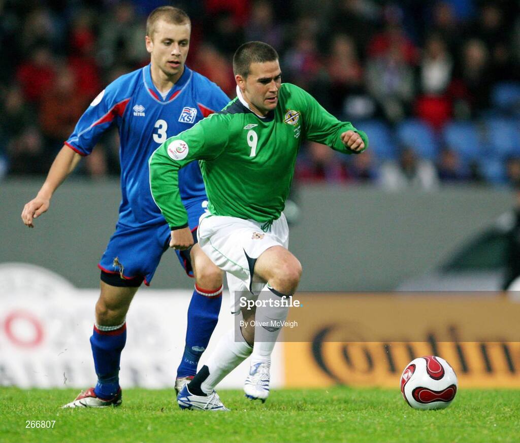 12 September 2007; David Healy, Northern Ireland, in action against Kari Arnason, Iceland. 2008 European Championship Qualifier, Iceland v Northern Ireland, Laugardalsvollur Stadium, Reykjavik, Iceland. Picture credit; Oliver McVeigh / SPORTSFILE