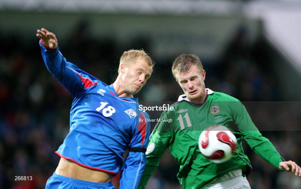 12 September 2007; Chris brunt, Northern Ireland, in action against Eidur Gudjohnson, Iceland. 2008 European Championship Qualifier, Iceland v Northern Ireland, Laugardalsvollur Stadium, Reykjavik, Iceland. Picture credit; Oliver McVeigh / SPORTSFILE