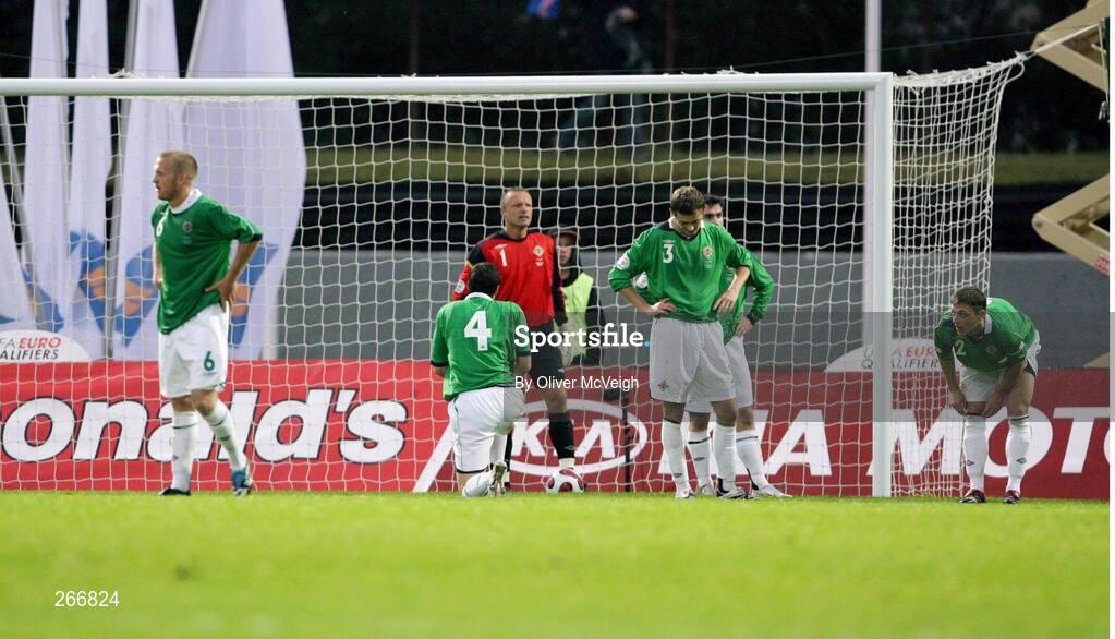 12 September 2007; A disappointed Sammy Clingan, Michael Duff, Maik Taylor, Keith Gillespie, George McCartney, and Chris Baird, after Iceland scored their winning goal in the 89th minute. 2008 European Championship Qualifier, Iceland v Northern Ireland, Laugardalsvollur Stadium, Reykjavik, Iceland. Picture credit; Oliver McVeigh / SPORTSFILE