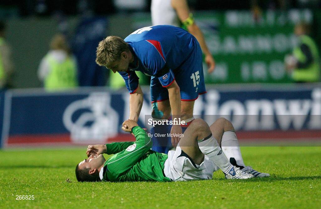 12 September 2007; David Healy, Northern Ireland, speaks to Asgeir Gunnar Asgeirsson, Iceland, after the game. 2008 European Championship Qualifier, Iceland v Northern Ireland, Laugardalsvollur Stadium, Reykjavik, Iceland. Picture credit; Oliver McVeigh / SPORTSFILE