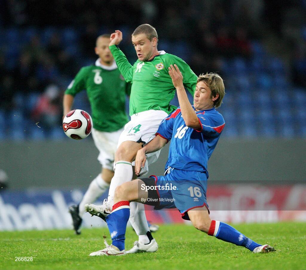 12 September 2007; Grant McCann, Northern Ireland, in action against Olafur Ingi Skulason, Iceland. 2008 European Championship Qualifier, Iceland v Northern Ireland, Laugardalsvollur Stadium, Reykjavik, Iceland. Picture credit; Oliver McVeigh / SPORTSFILE