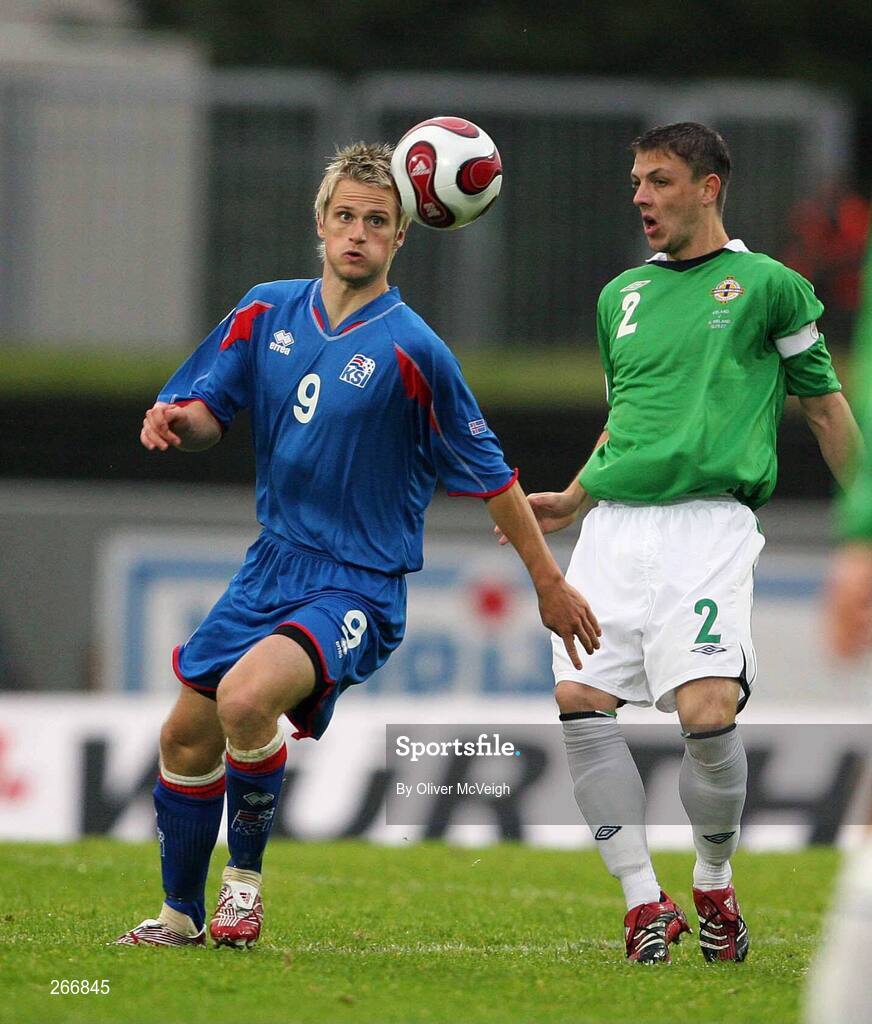 12 September 2007; Gunnar Heidar Porvaldsson, Iceland, in action against Chris Baird, Northern Ireland. 2008 European Championship Qualifier, Iceland v Northern Ireland, Laugardalsvollur Stadium, Reykjavik, Iceland. Picture credit; Oliver McVeigh / SPORTSFILE