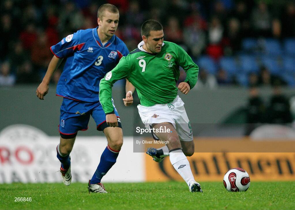 12 September 2007; David Healy, Northern Ireland, in action against Kari Arnason, Iceland. 2008 European Championship Qualifier, Iceland v Northern Ireland, Laugardalsvollur Stadium, Reykjavik, Iceland. Picture credit; Oliver McVeigh / SPORTSFILE