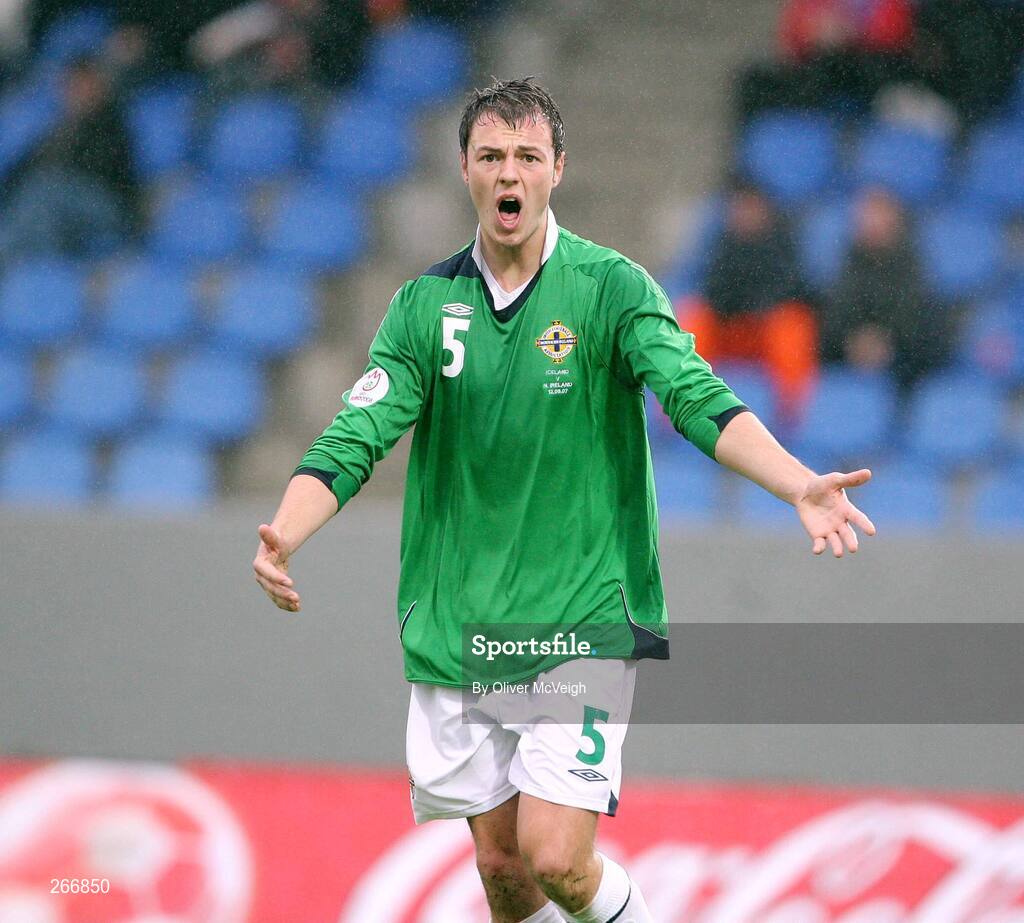 12 September 2007; Jonny Evans, Northern Ireland, appeals for a free kick. 2008 European Championship Qualifier, Iceland v Northern Ireland, Laugardalsvollur Stadium, Reykjavik, Iceland. Picture credit; Oliver McVeigh / SPORTSFILE