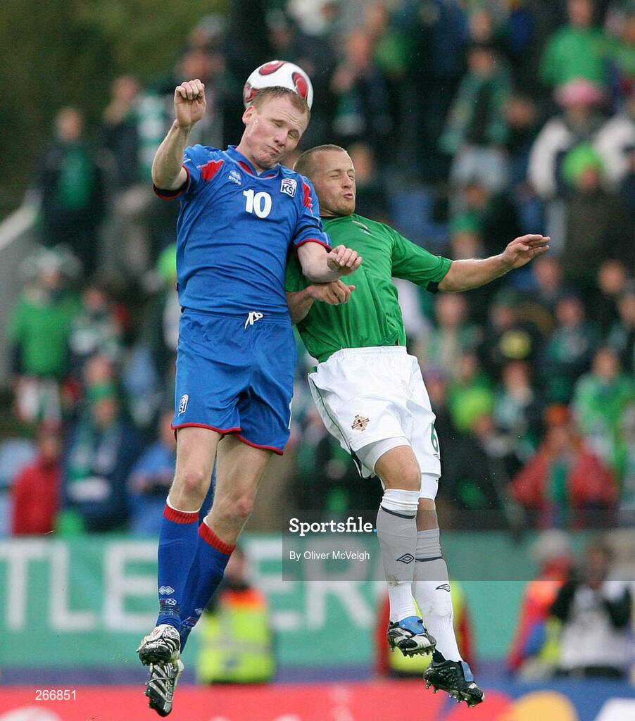 12 September 2007; Sammy Clingan, Northern Ireland, in action against Armann Bjornsson, Iceland. 2008 European Championship Qualifier, Iceland v Northern Ireland, Laugardalsvollur Stadium, Reykjavik, Iceland. Picture credit; Oliver McVeigh / SPORTSFILE