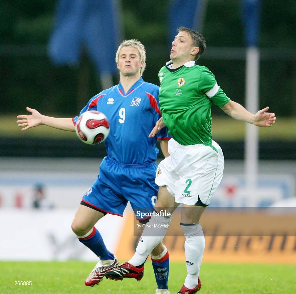 12 September 2007; Chris Baird, Northern Ireland, in action against Gunnar Heidar Porvaldsson, Iceland. 2008 European Championship Qualifier, Iceland v Northern Ireland, Laugardalsvollur Stadium, Reykjavik, Iceland. Picture credit; Oliver McVeigh / SPORTSFILE