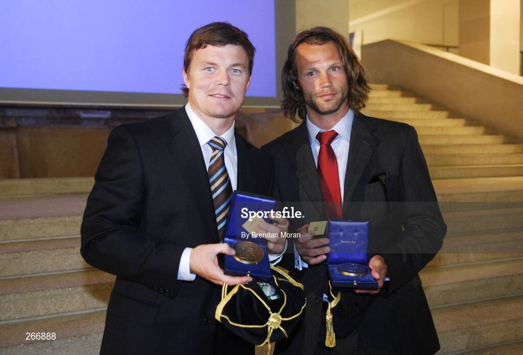 13 September 2007; Ireland captain Brian O'Driscoll with Canadian captain Morgan Williams at a reception where the Ireland squad and the Canadian squad received their World Cup caps. 2007 Rugby World Cup, Pool D, Conceill Regional D'Aquitaine, Bordeaux, France. Picture credit: Brendan Moran / SPORTSFILE