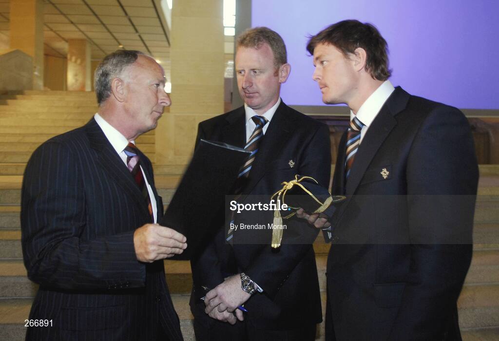 13 September 2007; Minister for Foreign Affairs, Dermot Ahern, TD, in conversation with Ireland team manager Ger Carmody, centre, and team captain Brian O'Driscoll at a reception where the Ireland squad received their World Cup caps. 2007 Rugby World Cup, Pool D, Conceill Regional D'Aquitaine, Bordeaux, France. Picture credit: Brendan Moran / SPORTSFILE