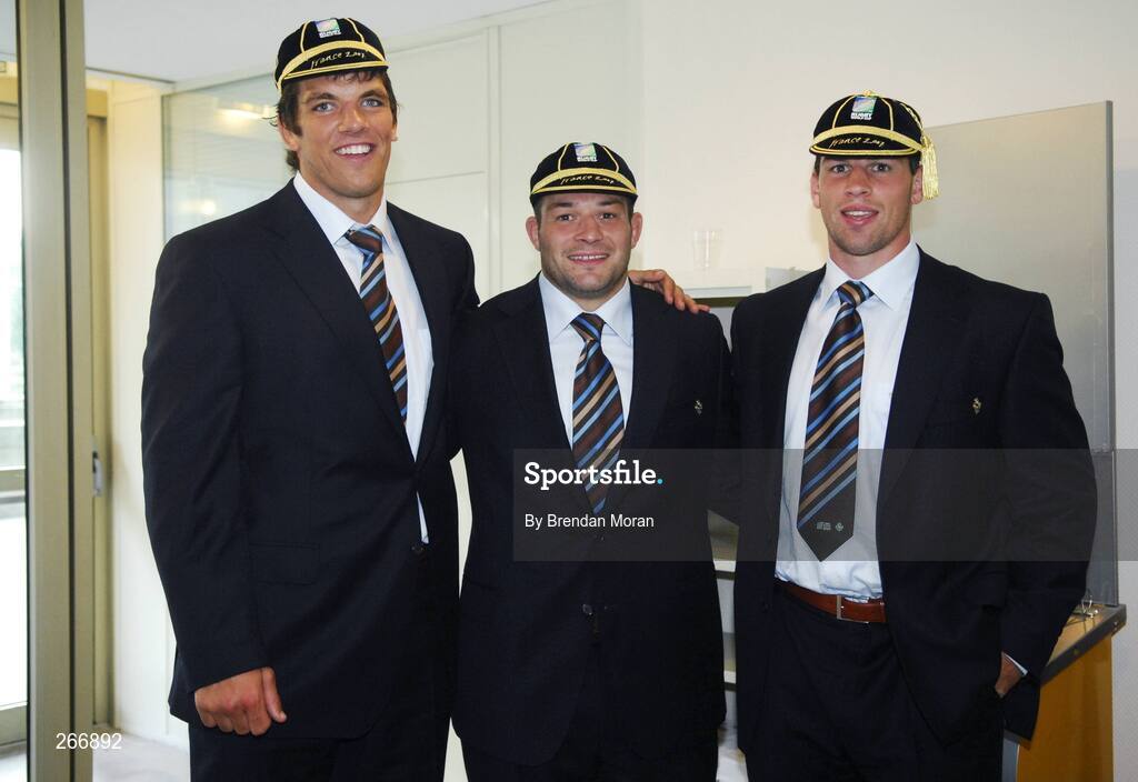 13 September 2007; Ireland players, from left, Donncha O'Callaghan, Rory Best and Denis Leamy at a reception where the Ireland squad received their World Cup caps. 2007 Rugby World Cup, Pool D, Conceill Regional D'Aquitaine, Bordeaux, France. Picture credit: Brendan Moran / SPORTSFILE