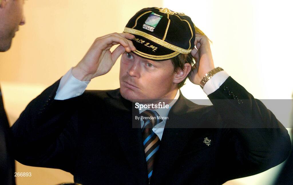 13 September 2007; Ireland captain Brian O'Driscoll puts on his World Cup cap at a reception where all the Ireland squad received their World Cup caps. 2007 Rugby World Cup, Pool D, Conceill Regional D'Aquitaine, Bordeaux, France. Picture credit: Brendan Moran / SPORTSFILE