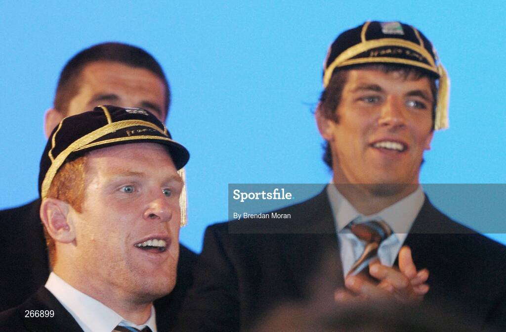 13 September 2007; Ireland's Paul O'Connell and Donncha O'Callaghan with their World Cup caps at a reception where all the Ireland squad received their World Cup caps. 2007 Rugby World Cup, Pool D, Conceill Regional D'Aquitaine, Bordeaux, France. Picture credit: Brendan Moran / SPORTSFILE