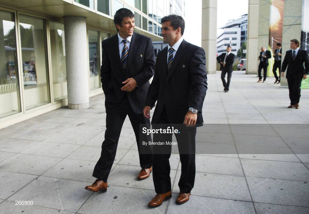 13 September 2007; Ireland's Donncha O'Callaghan and Brian Carney arrive at a reception where the Ireland squad received their World Cup caps. 2007 Rugby World Cup, Pool D, Conceill Regional D'Aquitaine, Bordeaux, France. Picture credit: Brendan Moran / SPORTSFILE