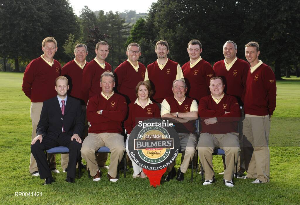 12 September 2007; The team and officials of Doneraile Golf Club, Cork, back row, left to right, Damien Carey, Michael Quirke, Tim O’Mahony, Adam Carey, Dave Finn, Dermot Harrington, Tom Cole and Hugh Nolan, front row, left to right, Alan Andrews, Bulmers, Conor Hannon, Eileen Coleman, Lady Captain, Peter Hogan, President and Tom Meade before the Bulmers Barton Shield Semi-Finals. Bulmers Cups and Shields Finals 2007, Shandon Park Golf Club, Belfast, Co. Antrim. Picture credit: Ray McManus / SPORTSFILE