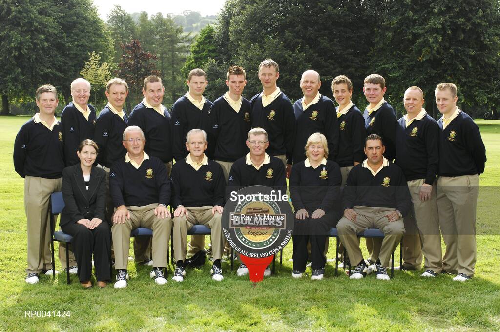 12 September 2007; The team and officials of Balbriggan Golf Club, Dublin, back row, left to right, Freddie Healy, Jimmy Tolan, John Fitzpatrick, Peter Slevin, Brian Cannon, Ian Reynolds, Jason Richardson, Paul Cox, Cian Scully, Liam Rooney, Tommy Harford and Gerald Gallen, front row, left to right, Anne Hogan, Bulmers, Dave Noone, Team Manager, Kilian Martin, President, Hugh Devlin, Captain, Anne McEvoy, Lady Captain and Darragh Callaghan, Team Captain before the Bulmers Junior Cup Semi-Finals. Bulmers Cups and Shields Finals 2007, Shandon Park Golf Club, Belfast, Co. Antrim. Picture credit: Ray McManus / SPORTSFILE