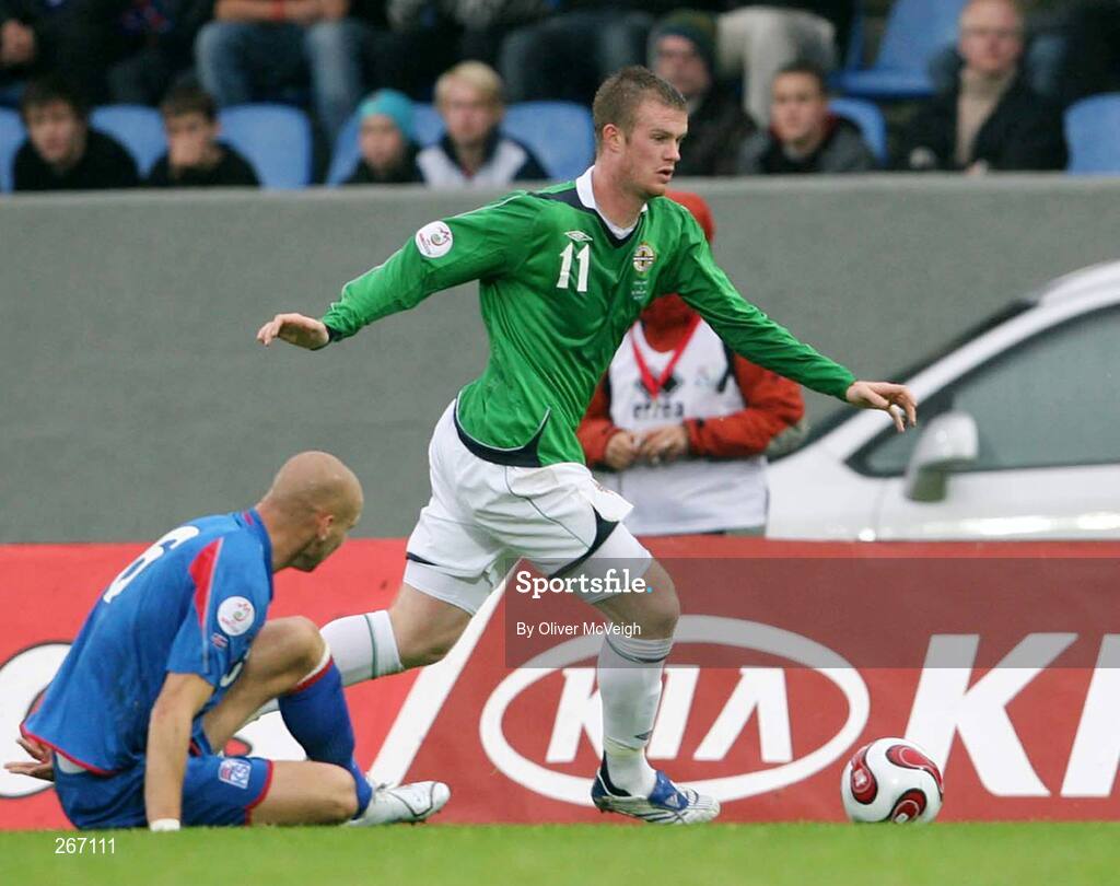 12 September 2007; Chris Brunt, Northern Ireland, in action against Kristjan Sigurdsson, Iceland. 2008 European Championship Qualifier, Iceland v Northern Ireland, Laugardalsvollur Stadium, Reykjavik, Iceland. Picture credit; Oliver McVeigh / SPORTSFILE