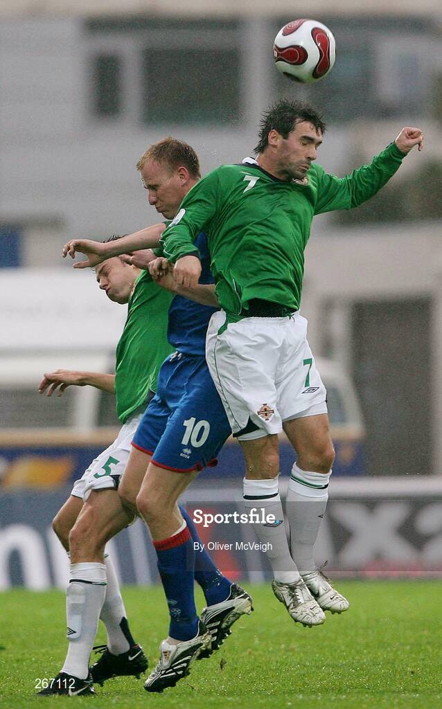 12 September 2007; Keith Gillespie, Northern Ireland, in action against Armann Bjornsson, Iceland. 2008 European Championship Qualifier, Iceland v Northern Ireland, Laugardalsvollur Stadium, Reykjavik, Iceland. Picture credit; Oliver McVeigh / SPORTSFILE