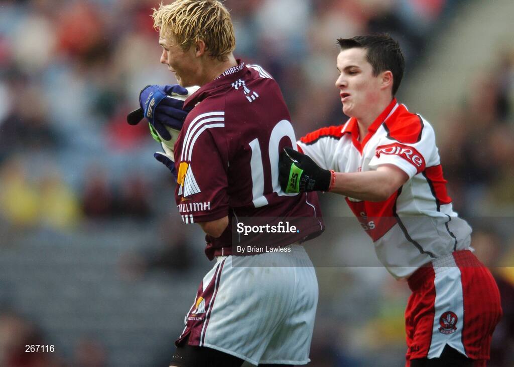 16 September 2007; Joe Joe Greaney, Galway, in action against Carlus McWilliams, Derry. ESB All-Ireland Minior Football Championship Final, Galway v Derry, Croke Park, Dublin. Picture credit; Brian Lawless / SPORTSFILE