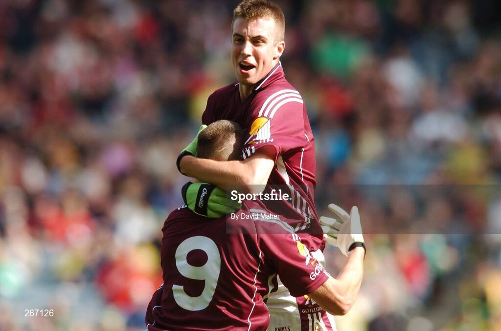 16 September 2007; Galway captain Paul Conroy celebrates victory at the end of the game with team-mate Anthony Griffin, no.9. ESB All-Ireland Minior Football Championship Final, Galway v Derry, Croke Park, Dublin. Picture credit; David Maher / SPORTSFILE