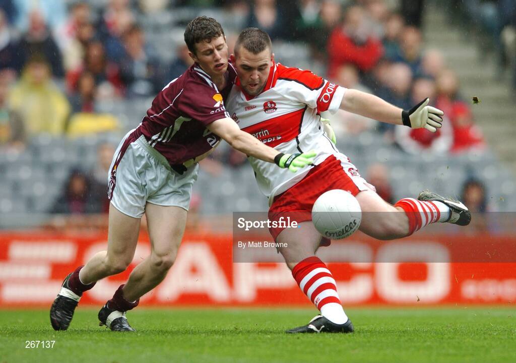 16 September 2007; Gavin McGeehan, Derry, scores a goal against Galway despite the tackle of Keith Kelly. ESB All-Ireland Minior Football Championship Final, Galway v Derry, Croke Park, Dublin. Picture credit; Matt Browne / SPORTSFILE