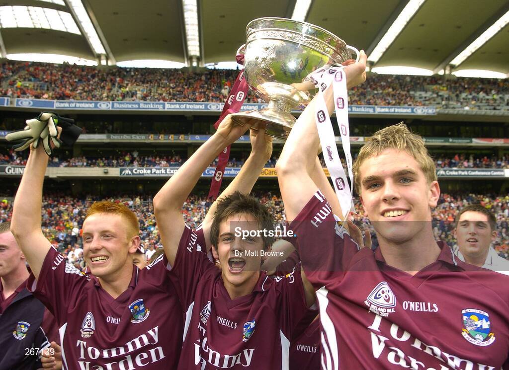 16 September 2007; Galway players, from right, Joe Joe Greaney, Jonathan Ryan, and Tomas Fahy celebrate with the Tom Markham Cup. ESB All-Ireland Minior Football Championship Final, Galway v Derry, Croke Park, Dublin. Picture credit; Matt Browne / SPORTSFILE