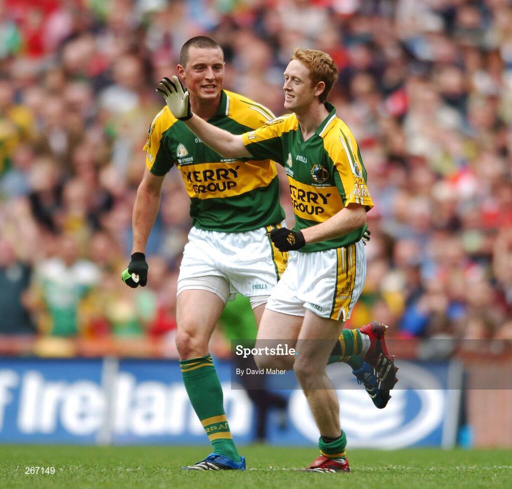 16 September 2007; Colm Cooper, right, Kerry, celebrates after scoring his side's first goal with team-mate Kieran Donaghy. Bank of Ireland All-Ireland Senior Football Championship Final, Kerry v Cork, Croke Park, Dublin. Picture credit; David Maher / SPORTSFILE