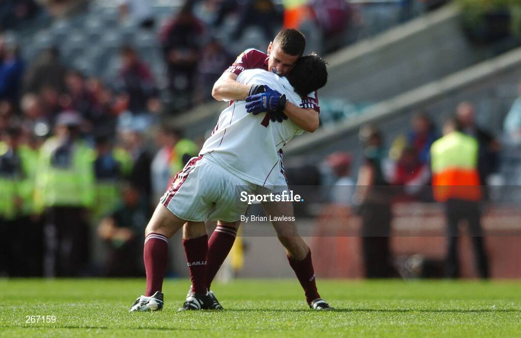 16 September 2007; Galway players Eanna Glynn and goalkeeper Owen Higgins celebrate after the match. ESB All-Ireland Minior Football Championship Final, Galway v Derry, Croke Park, Dublin. Picture credit; Brian Lawless / SPORTSFILE