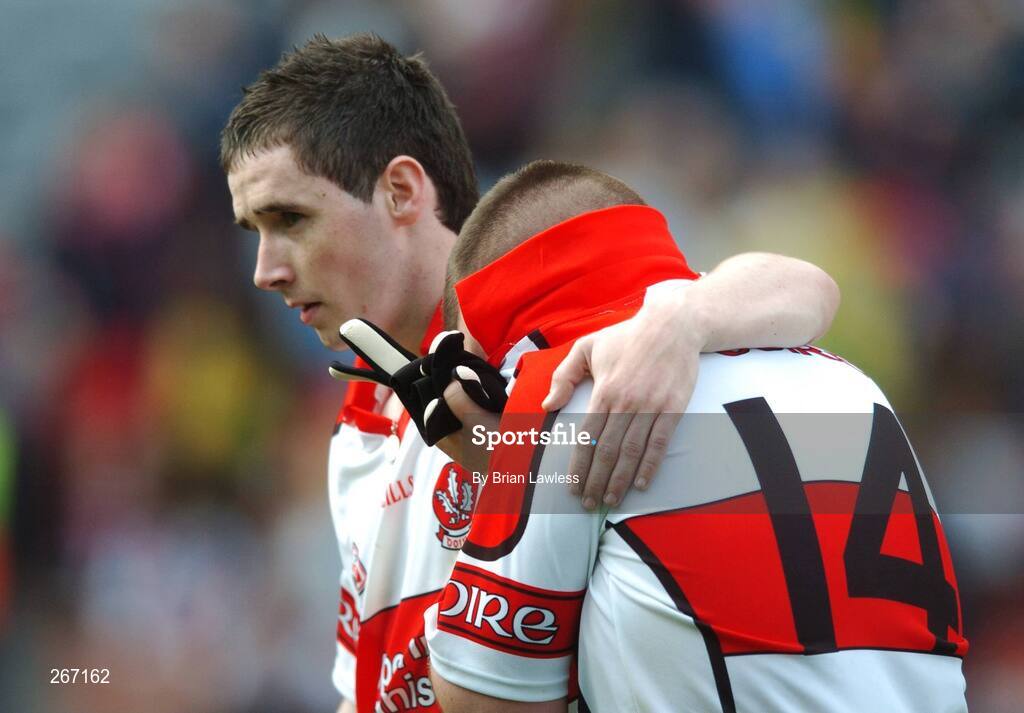 16 September 2007; Derry's Gavin McGeehan, right, is consoled by team-mate Lee Moore after the match. ESB All-Ireland Minior Football Championship Final, Galway v Derry, Croke Park, Dublin. Picture credit; Brian Lawless / SPORTSFILE