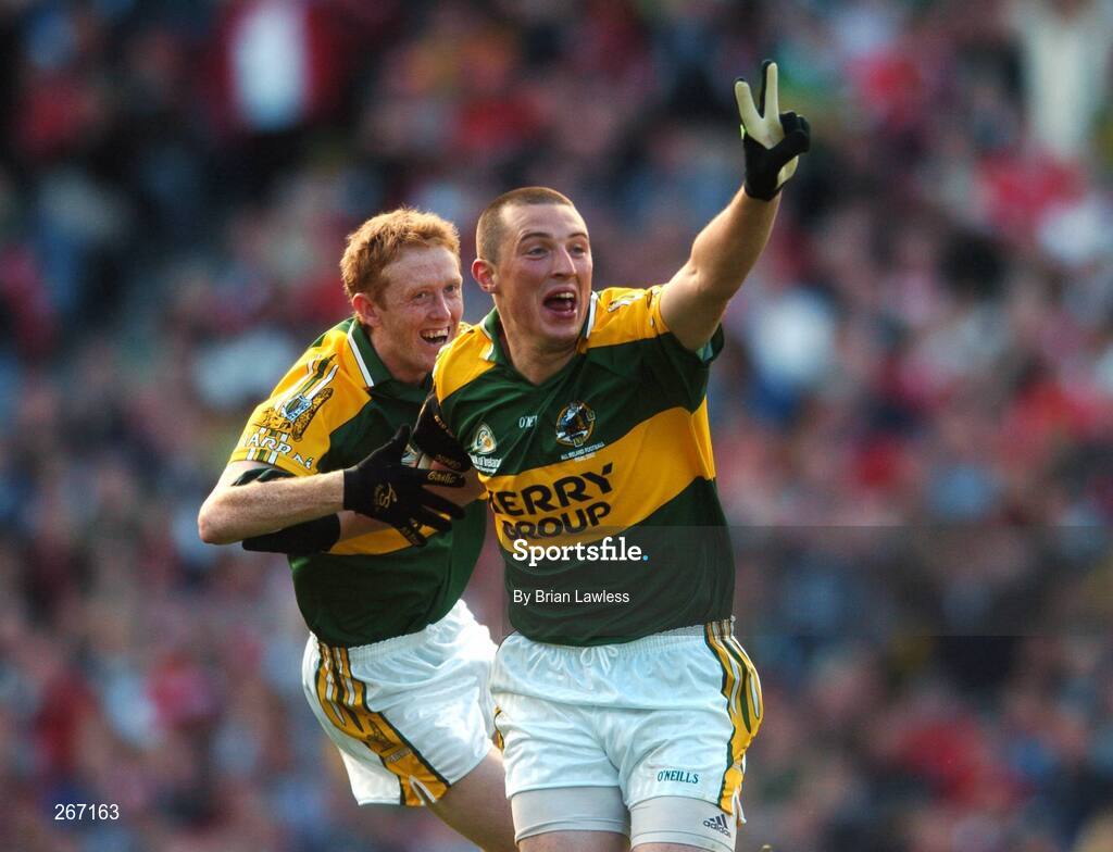 16 September 2007; Kerry's Kieran Donaghy, right, celebrates with team-mate Colm Cooper after scoring his second and his side's third goal. Bank of Ireland All-Ireland Senior Football Championship Final, Kerry v Cork, Croke Park, Dublin. Picture credit; Brian Lawless / SPORTSFILE