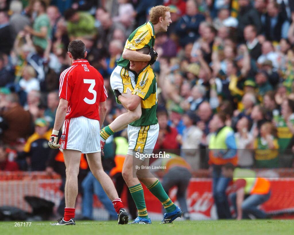 16 September 2007; Kerry's Kieran Donaghy celebrates with team-mate Colm Cooper at the final whistle as Cork's Graham Canty looks on. Bank of Ireland All-Ireland Senior Football Championship Final, Kerry v Cork, Croke Park, Dublin. Picture credit; Brian Lawless / SPORTSFILE