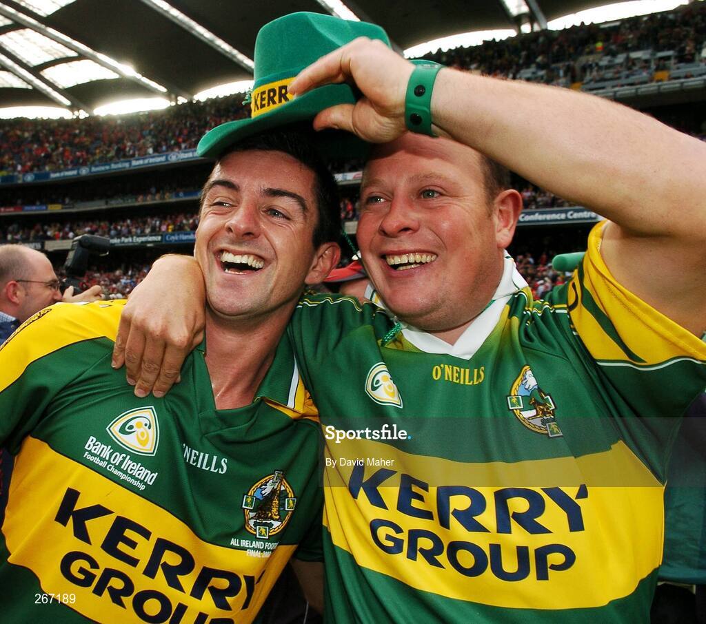 16 September 2007; Kerry's Aidan O'Mahony, left, celebrates with a Kerry supporter. Bank of Ireland All-Ireland Senior Football Championship Final, Kerry v Cork, Croke Park, Dublin. Picture credit; David Maher / SPORTSFILE