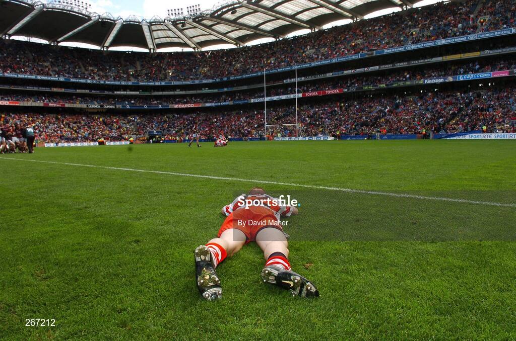 16 September 2007; A dejected Lee Moore, Derry, at the end of the game. ESB All-Ireland Minior Football Championship Final, Galway v Derry, Croke Park, Dublin. Picture credit; David Maher / SPORTSFILE