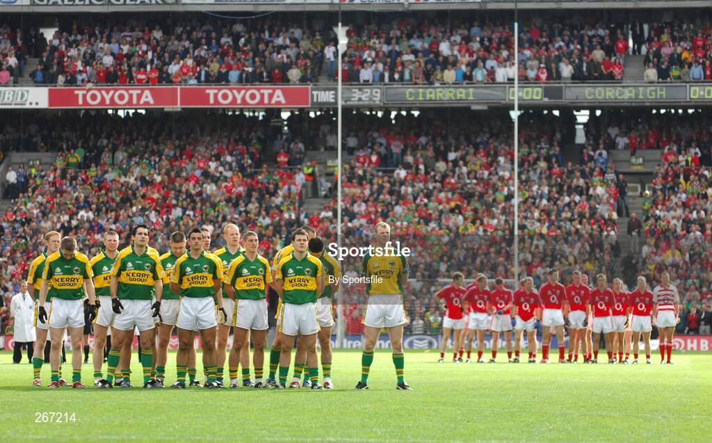 16 September 2007; The Kerry and Cork teams stand for the National Anthem before the start of the game. Bank of Ireland All-Ireland Senior Football Championship Final, Kerry v Cork, Croke Park, Dublin. Picture credit; Paul Mohan / SPORTSFILE