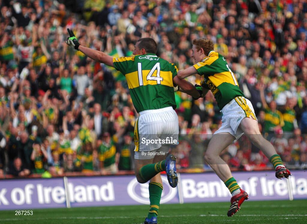16 September 2007; Kieran Donaghy, no. 14, Kerry, celebrates after he scored his second goal with team-mate Colm Cooper. Bank of Ireland All-Ireland Senior Football Championship Final, Kerry v Cork, Croke Park, Dublin. Picture credit; Paul Mohan / SPORTSFILE