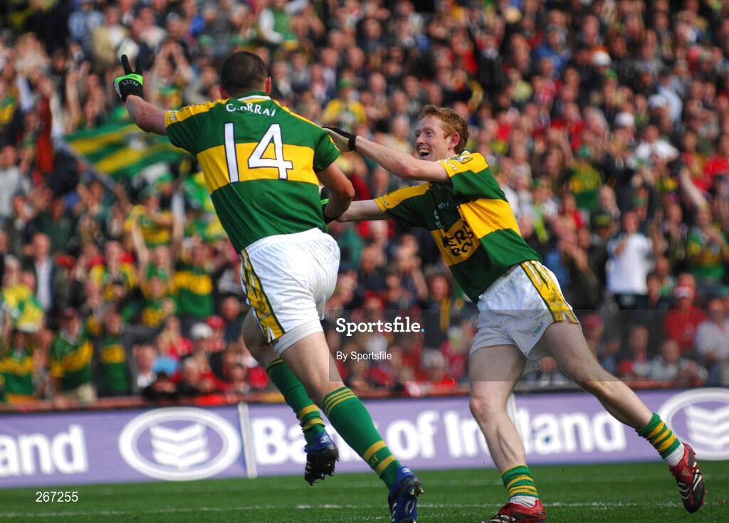 16 September 2007; Kieran Donaghy, no. 14, Kerry, celebrates after he scored his second goal with team-mate Colm Cooper. Bank of Ireland All-Ireland Senior Football Championship Final, Kerry v Cork, Croke Park, Dublin. Picture credit; Paul Mohan / SPORTSFILE
