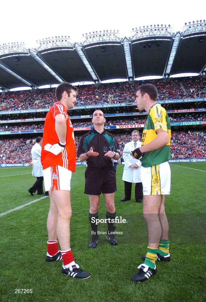 16 September 2007; Kerry captain Declan O'Sullivan, Cork captain Derek Kavanagh and referee David Coldrick during the coin toss. Bank of Ireland All-Ireland Senior Football Championship Final, Kerry v Cork, Croke Park, Dublin. Picture credit; Brian Lawless / SPORTSFILE