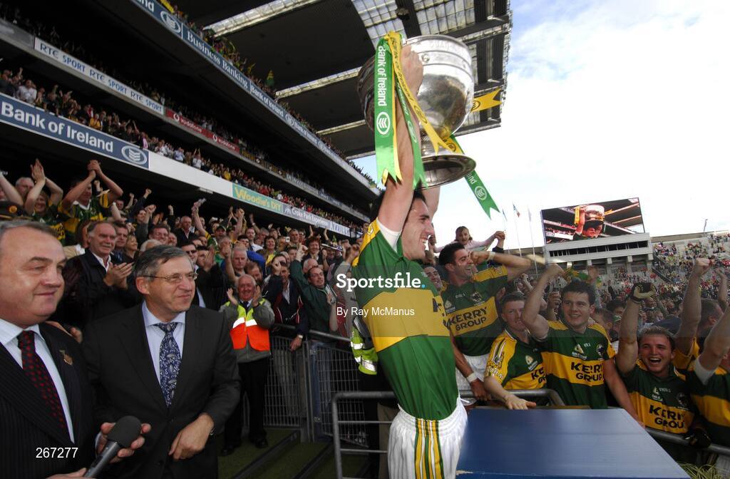 16 September 2007; The Ard Stiuirthoir of the GAA Liam Mulvihill, in the company of President Nick Brennan, after presenting the Sam Maguire to Kerry captain Declan O'Sullivan. Bank of Ireland All-Ireland Senior Football Championship Final, Kerry v Cork, Croke Park, Dublin. Picture credit; Ray McManus / SPORTSFILE